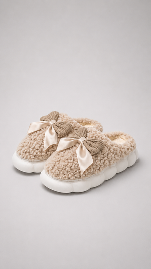 Pantuflas Cuco moño color beige, de peluche rizado con moño de satín y suela blanca