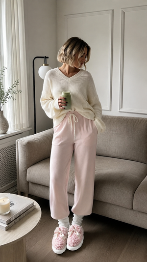 Mujer en pijama rosada de pie en la sala con pantuflas Cuco moño color rosa