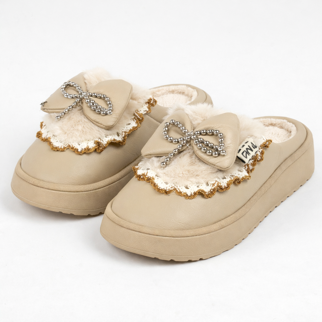 Pantuflas moño plateado beige