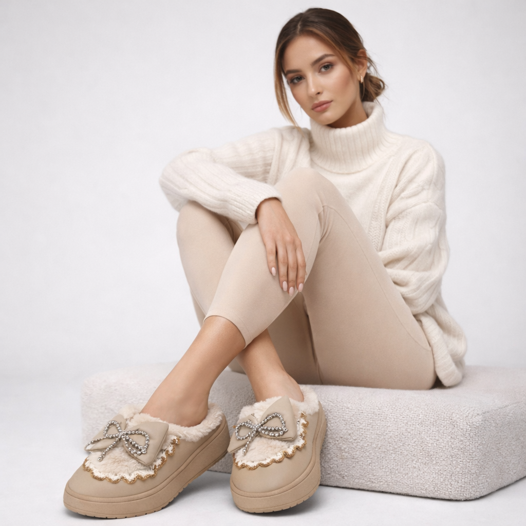 Pantuflas moño plateado beige