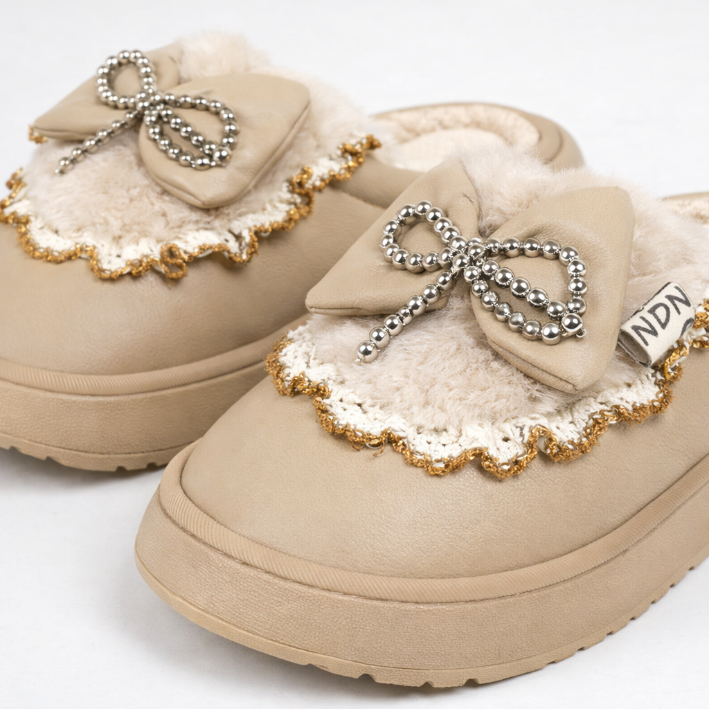 Pantuflas moño plateado beige