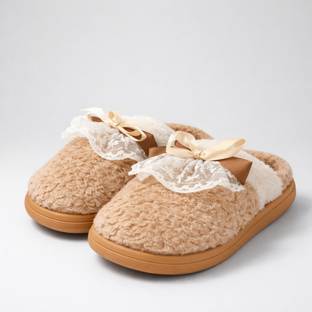 Pantufla encaje moño beige