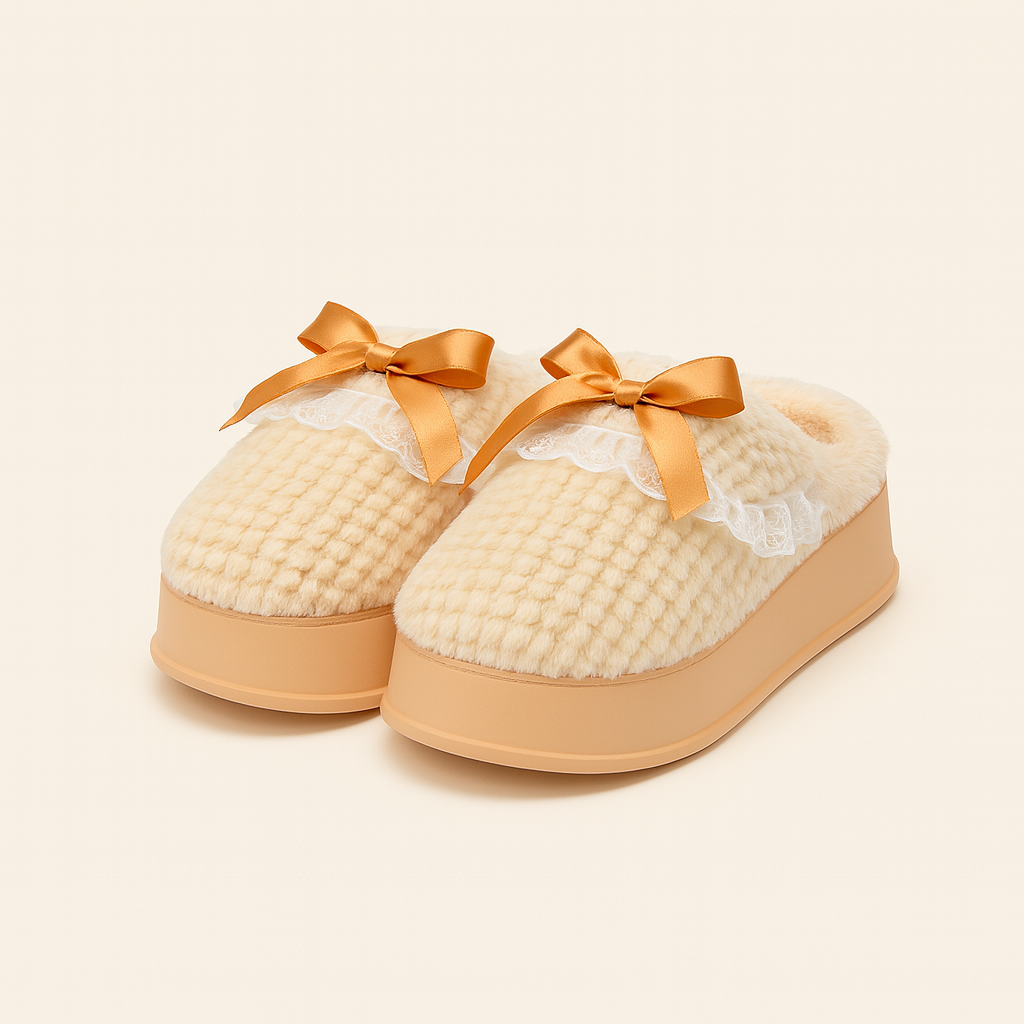 Pantuflas lazo y encaje beige