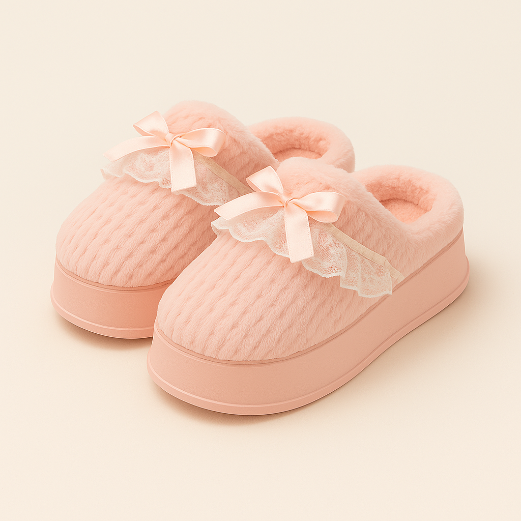 Pantuflas lazo y encaje rosa