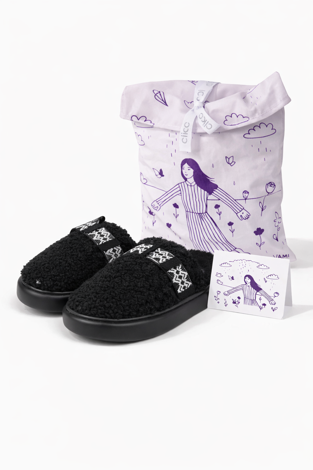 Pantufla moño bordado negra