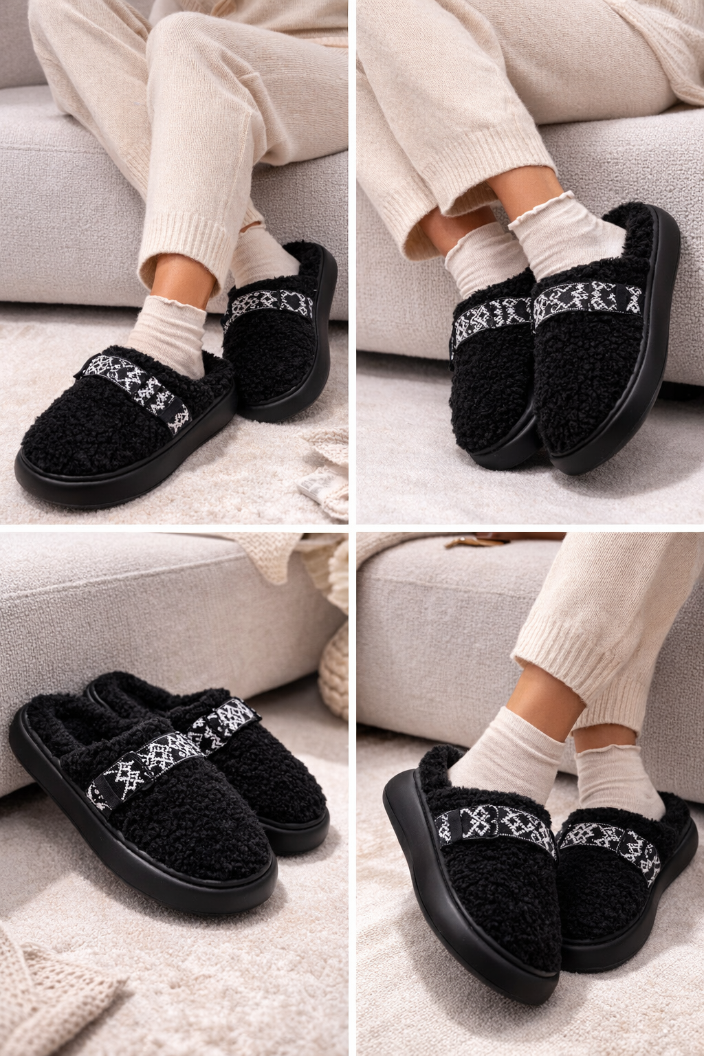Pantufla moño bordado negra