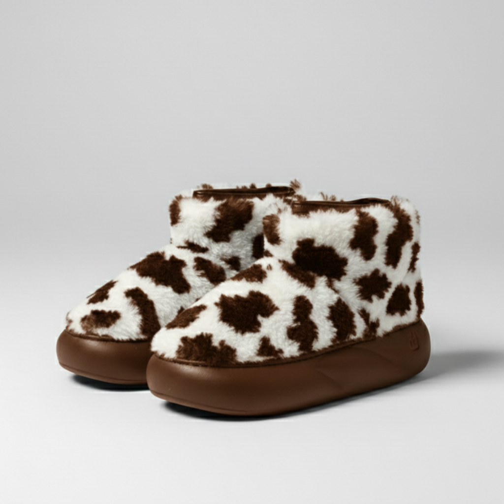 Otras de peluche de estampado de vaca con plataforma para usar dentro o fuera de casa 