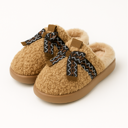 Pantufla moño bordado beige